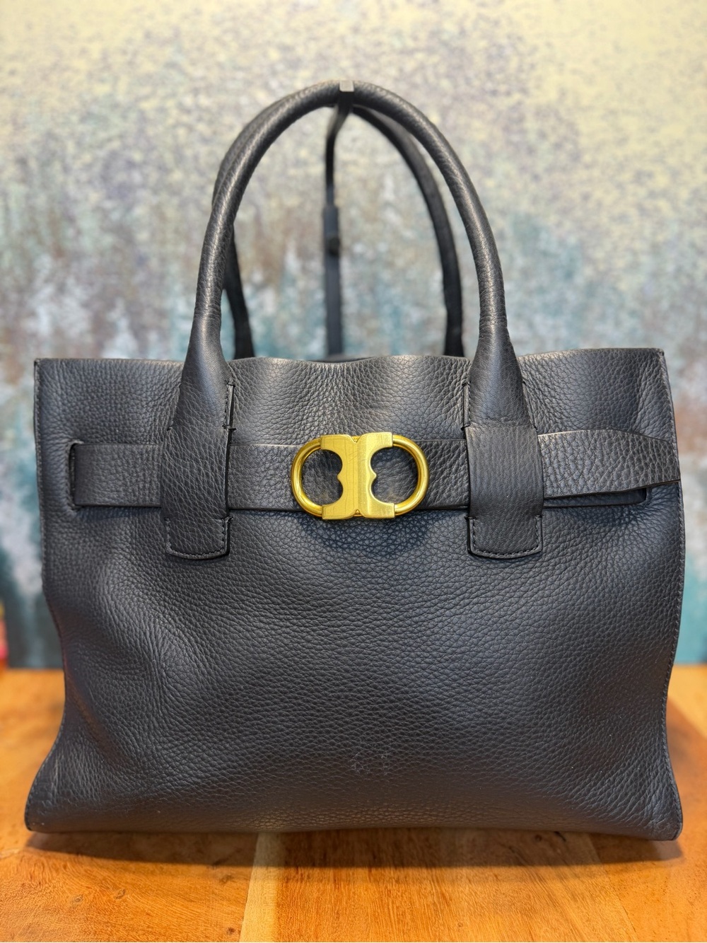 Tory Burch Classic Gemini Link Pebbled Leather Medium Tote Black